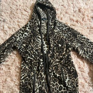 French Laundry M Jacket Hoodie Soft Faux Animal Print Brown Pockets